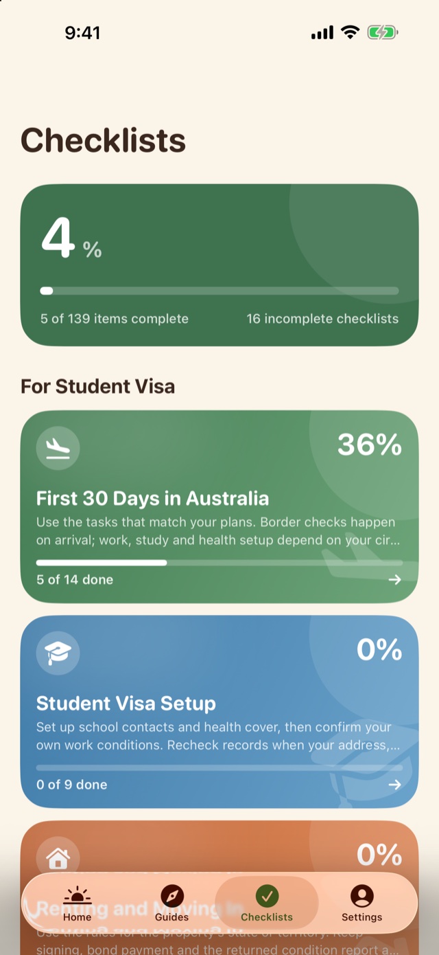 NewToAU Checklists tab displaying the First 30 Days in Australia checklist.