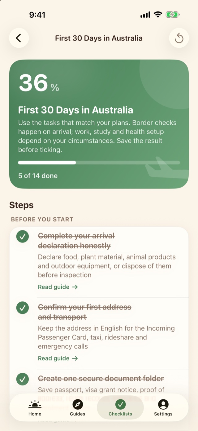 NewToAU First 30 Days in Australia checklist with completed steps and a progress summary.