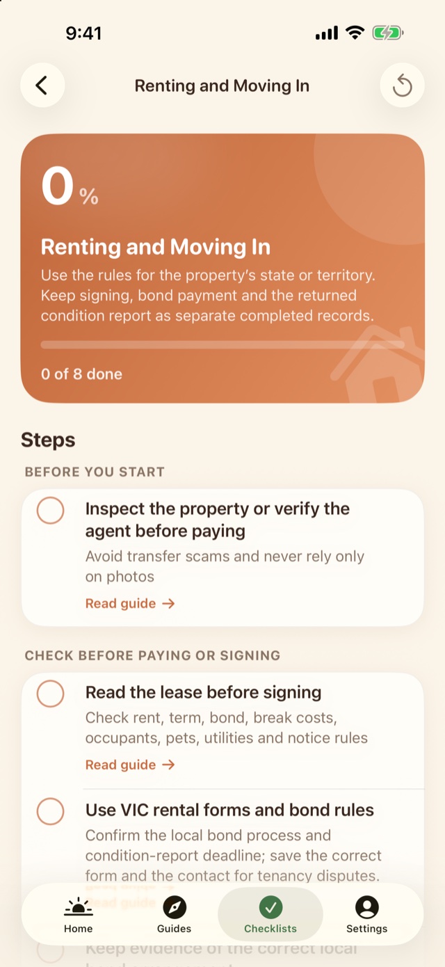 NewToAU Renting and Moving In checklist showing its progress summary and practical rental tasks.