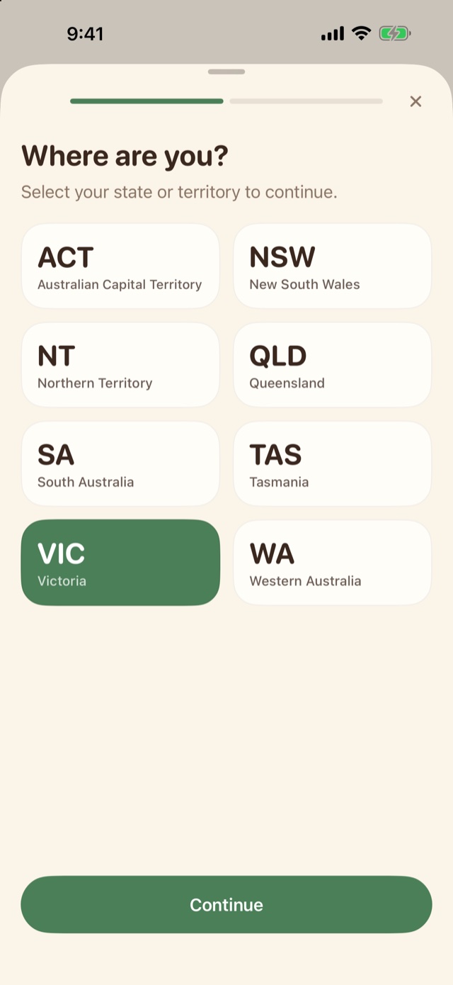 NewToAU profile editor showing Victoria selected in the state picker.