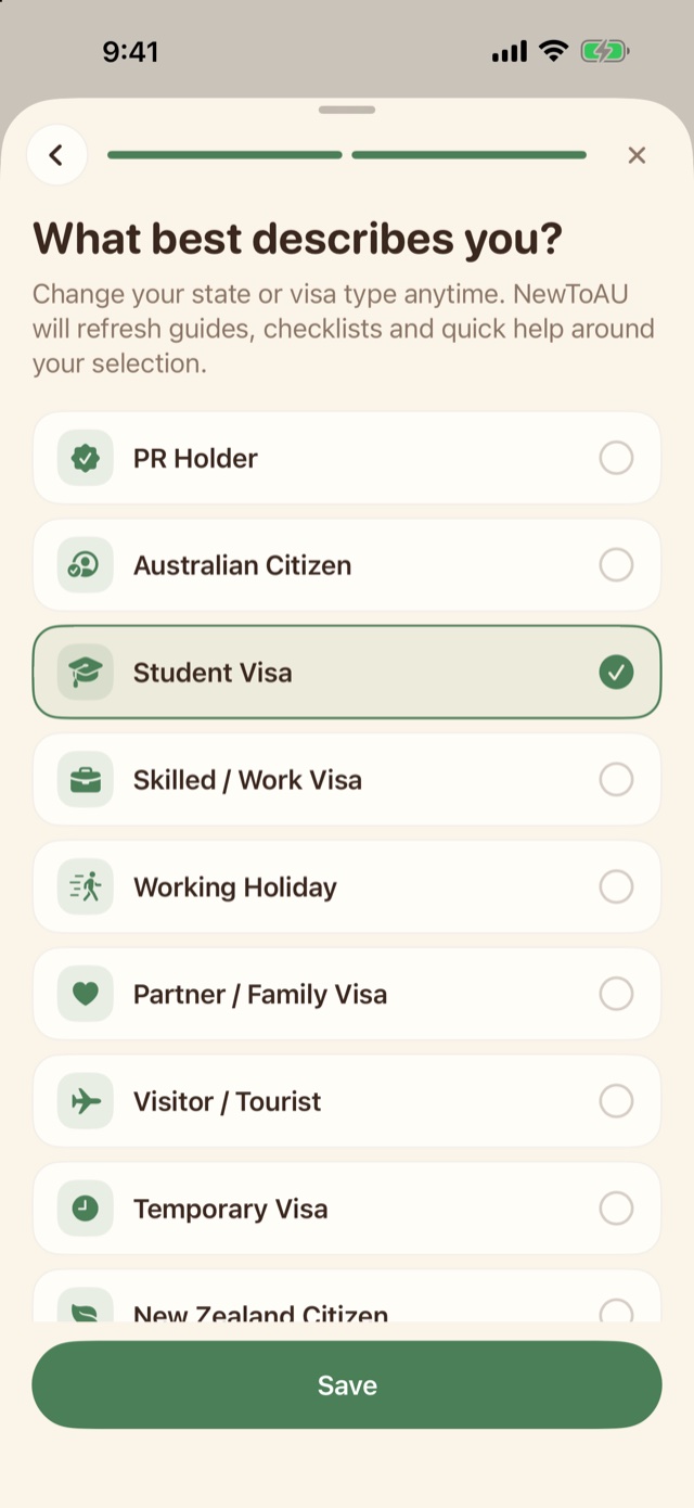 NewToAU profile editor showing the visa or residency category choices in English.